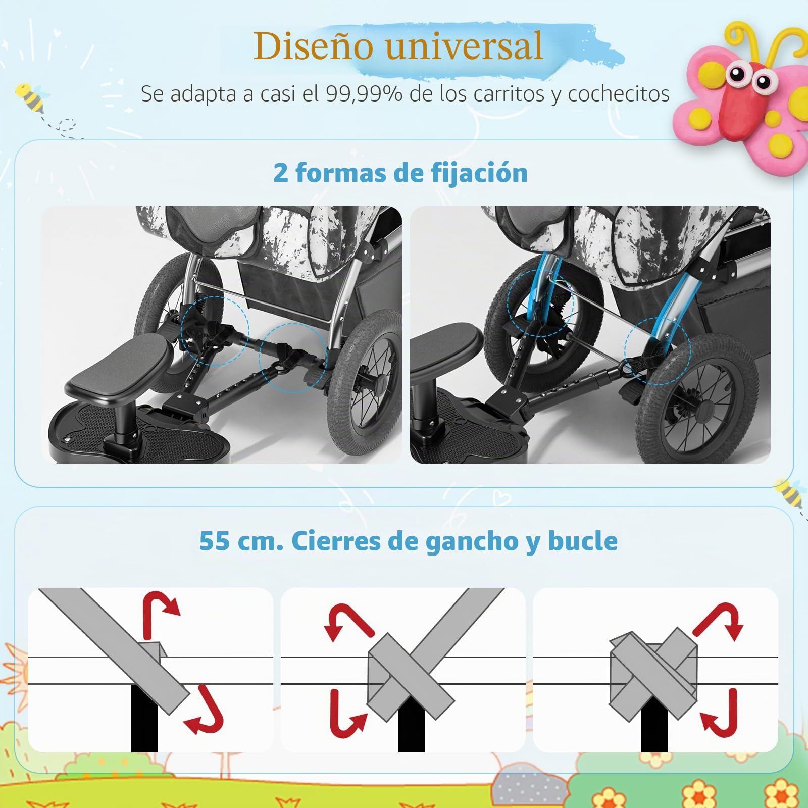 Patin Carro Bebe Universal con Asiento,Buggy Board portátil para niños,Diseño estable de dos ruedas,con correa de suspensión, Accesorio para cochecito para niños de 2 a 6 años (25 kg)
