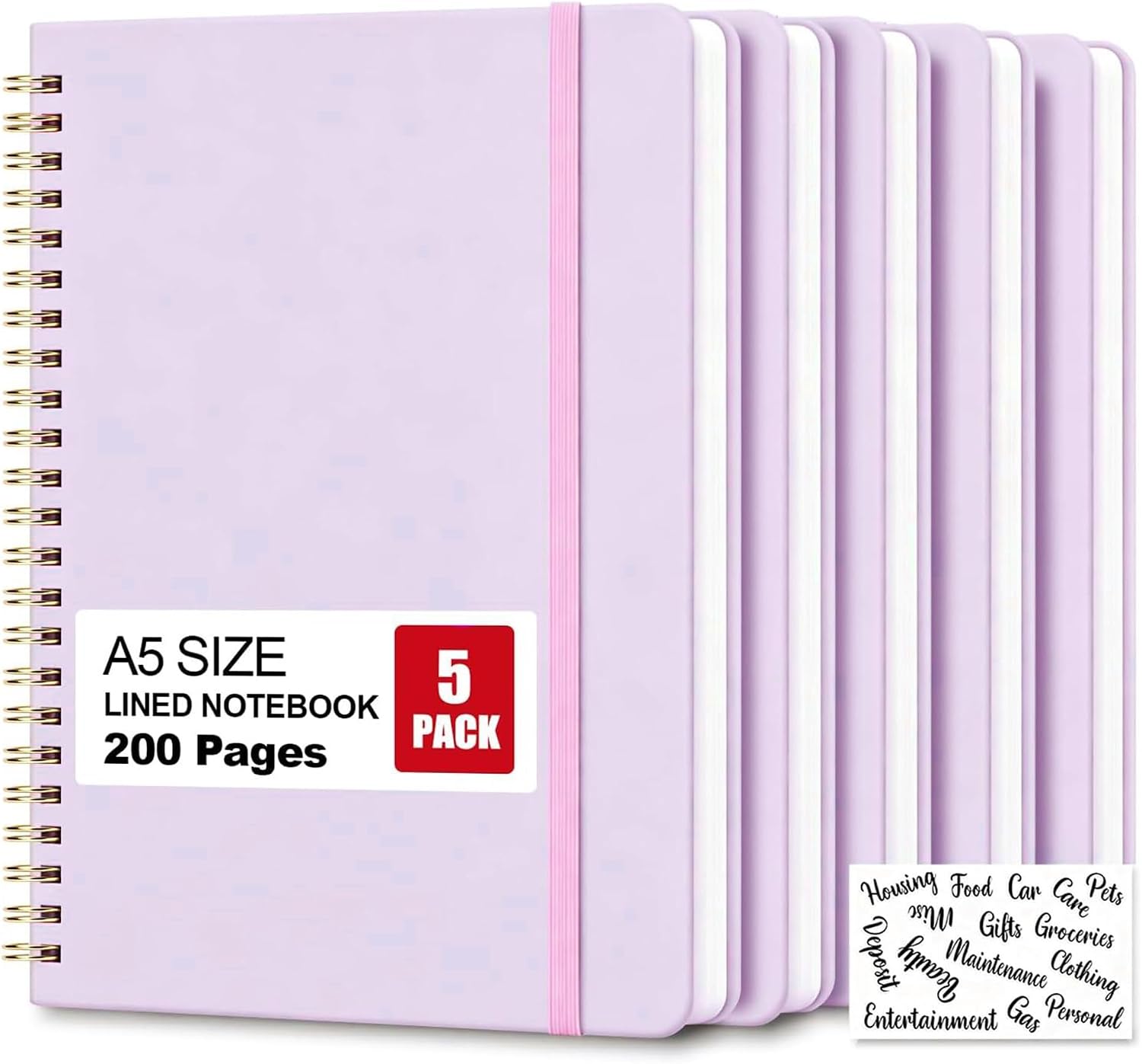 5 Pack Hardcover Spiral Notebooks, 8.3" x 6.3" Lined Journal Set, 100 GSM Bleed-Resistant Paper, 200 Pages Twin-Wire Bound Notebook with Elastic Band & Category Stickers for Office, School