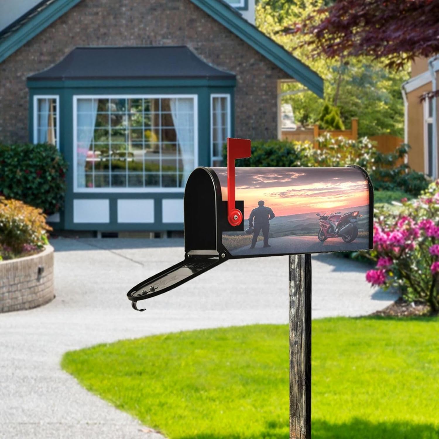 Summer Mailbox Covers Magnetic Rustic Mailbox Wraps Spring Biker Mail Box Covers Decals Letter Post Box Outdoor Decorations Standard 21" Lx 18" W