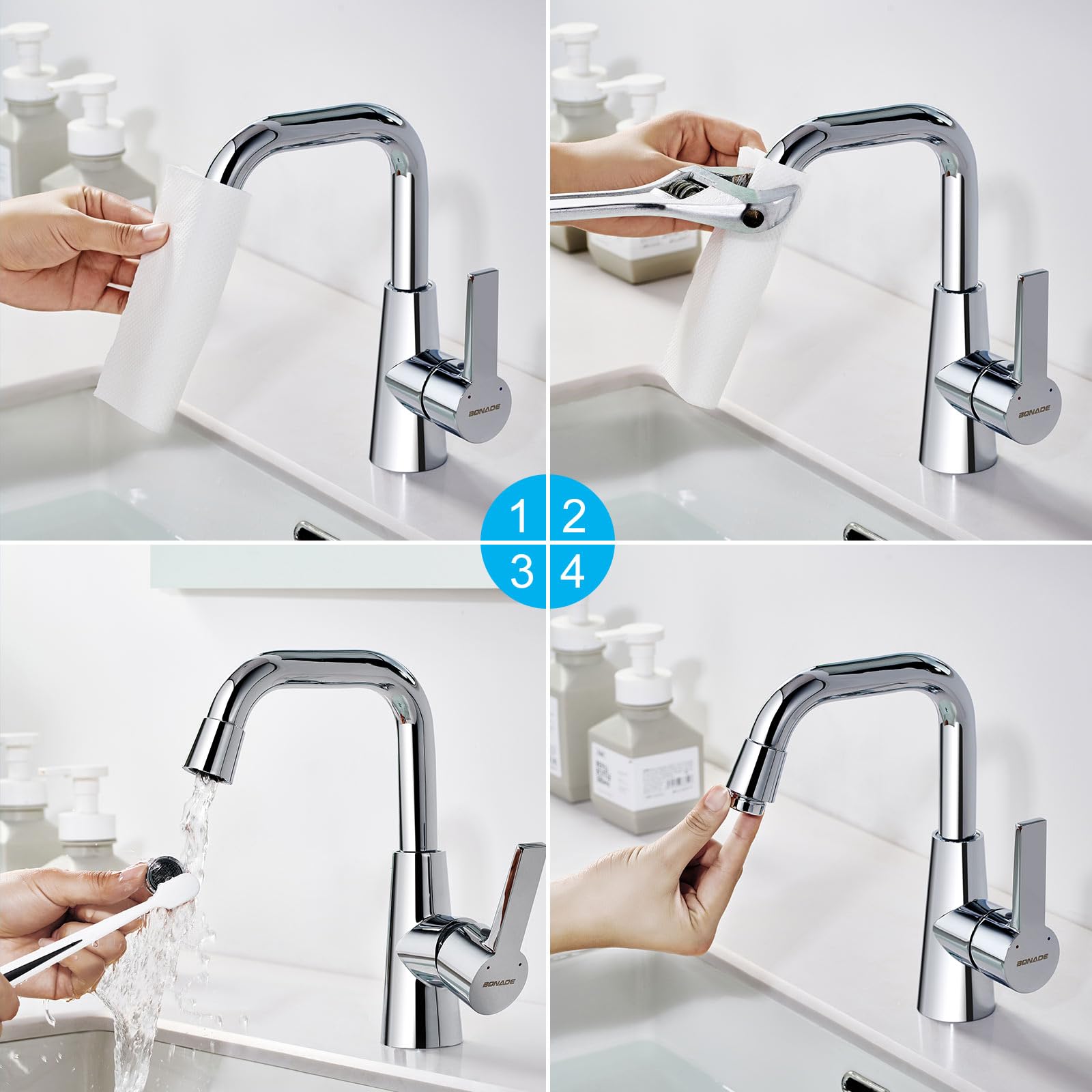 BONADE Robinet Salle Bain, Mitigeur Lavabo Rotatif à 360°, Robinet Lavabo en Laiton Chromé, Robinet Salle de Bain à Eau Chaude et Froide Robinet Lavabo Salle de Bain Pour Salle de Bain et Cuisine