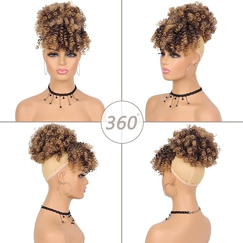 Miniatura 2 de G&T Wig Cola de caballo de cabello afroamericano con cordón y flequillo, cola de caballo corta rizada con clip, extensiones de cabello con clip para