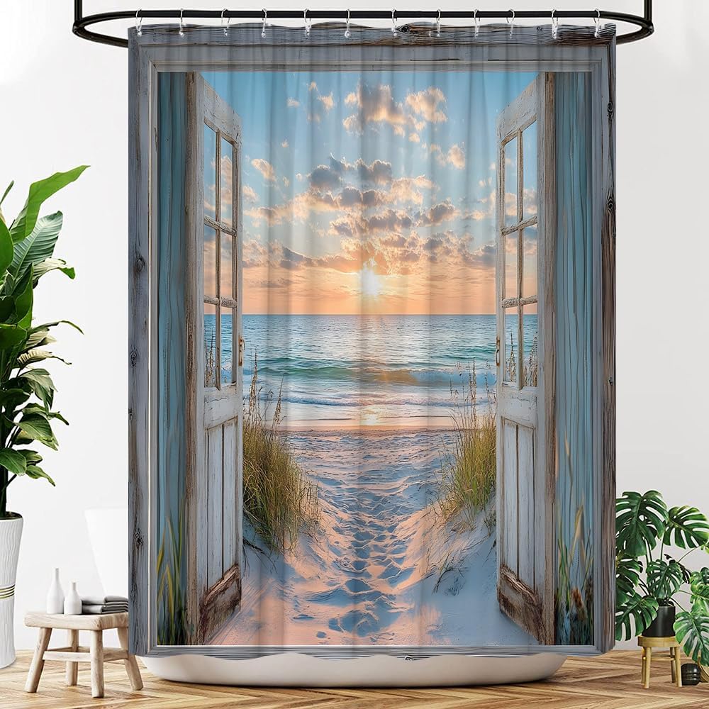 Ocean Beach Teal Barn Door Shower Curtain Sunset Scenery Blue Sea Retro Wood Rustic Nature Hawaii Holiday Fabric Bathroom Decor Curtains with Hooks, 70" Wx90 H