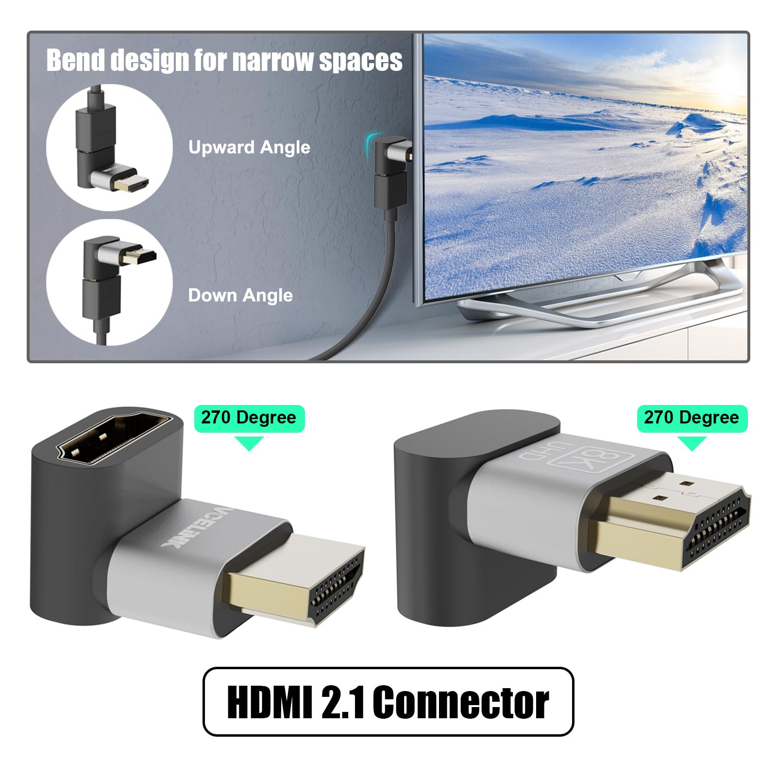VCELINK Right Angle HDMI Adapter 8K, HDMI Connector 270 degree, HDMI Male to Female Adapter 2.1 Gold Plated Support 8K@60Hz - Image 2