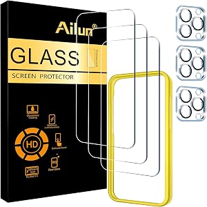 Ailun 3 Pack Screen Protector for iPhone 15 Pro [6.1 inch] + 3 Pack Camera Lens Protector,Case Friendly Tempered Glass Film,[9H Hardness] - HD