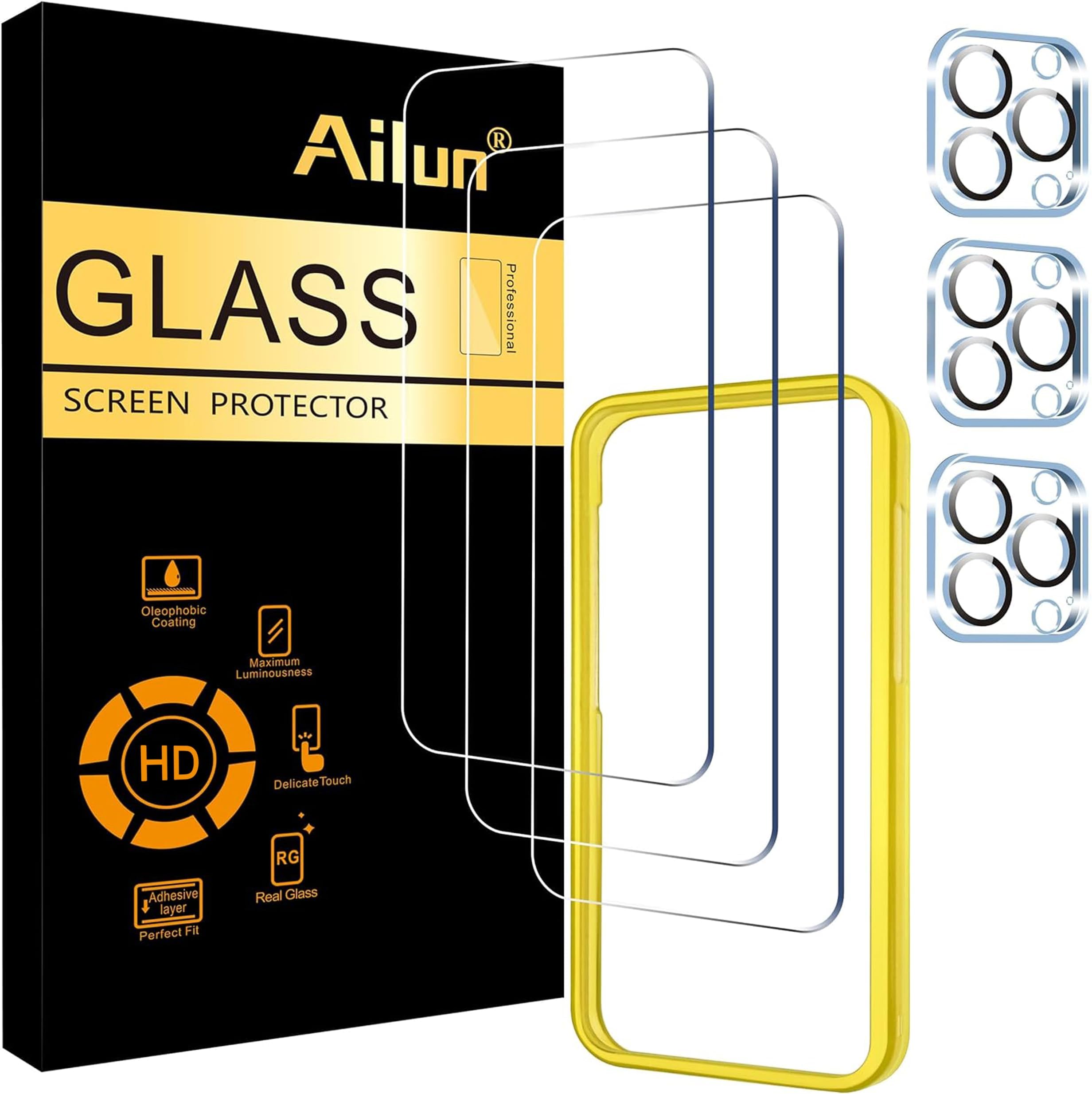 Screen Protector + Camera Lens Protector for iPhone 15 Pro, 3+3 Pack | 6.1 inch,Installation Frame, Case Friendly Tempered Glass, HD