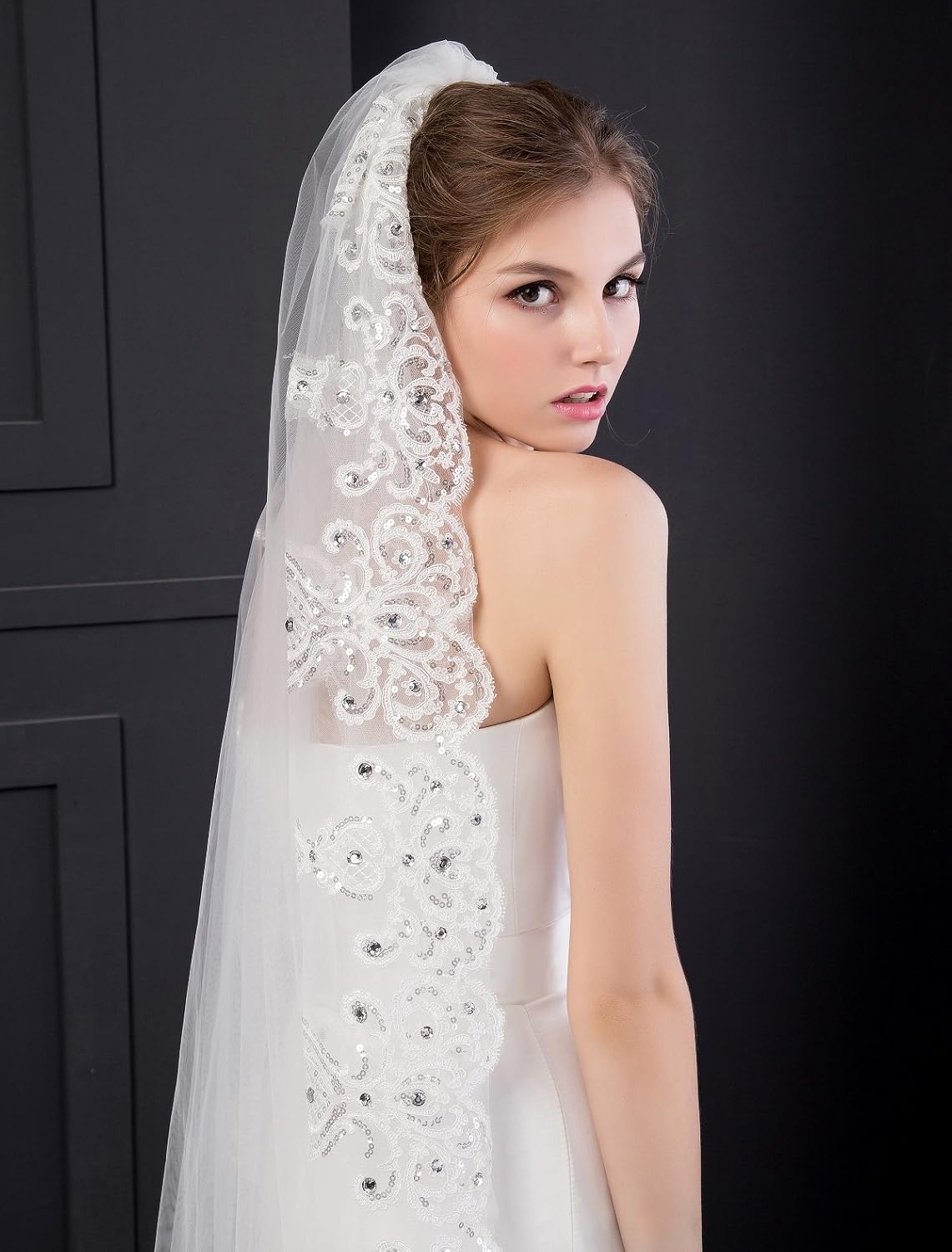 ElieHouse 1 Tier Cathedral Sequin Lace Wedding Bridal Veil With Metal Comb E63 Ivory