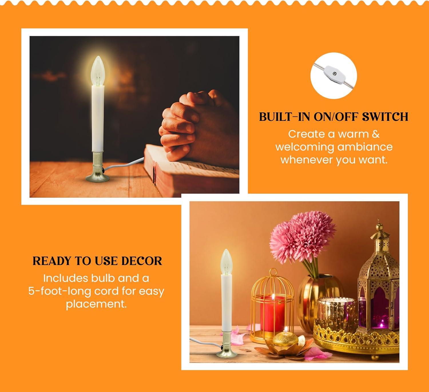 Creative Hobbies® Pack of 6 Electric Window Candle with On/Off Switch, Incandescent Light Bulb, Brass Plated Base, Ready to Use (Original)