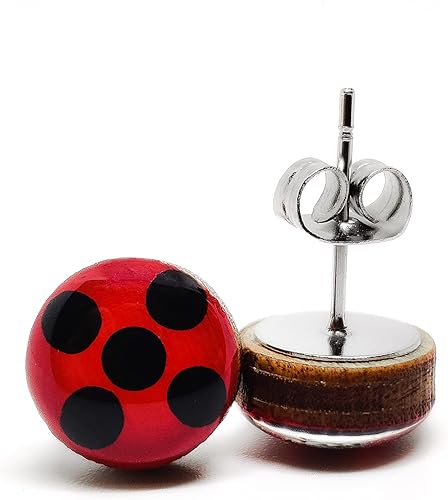 Miniatura 2 de Aretes de tachuelas, mariquita, manchas negras de 10 mm, aretes redondos para mujeres y niñas hechos a mano, entradas de acero inoxidable para