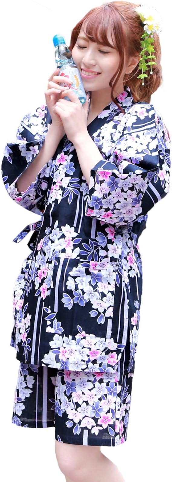 Amazon 甚平 レディース 紺地に紫系の小花 M L 変わり織り女物甚平上下2点セット 紺 甚平 通販