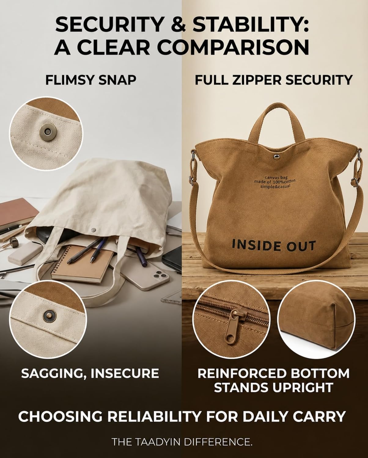 Canvas Tote Bag for Women, Multiple-Pocket Crossbody Shoulder Bags, Wide Adjustable Strap for Work, Travel Everyday Use