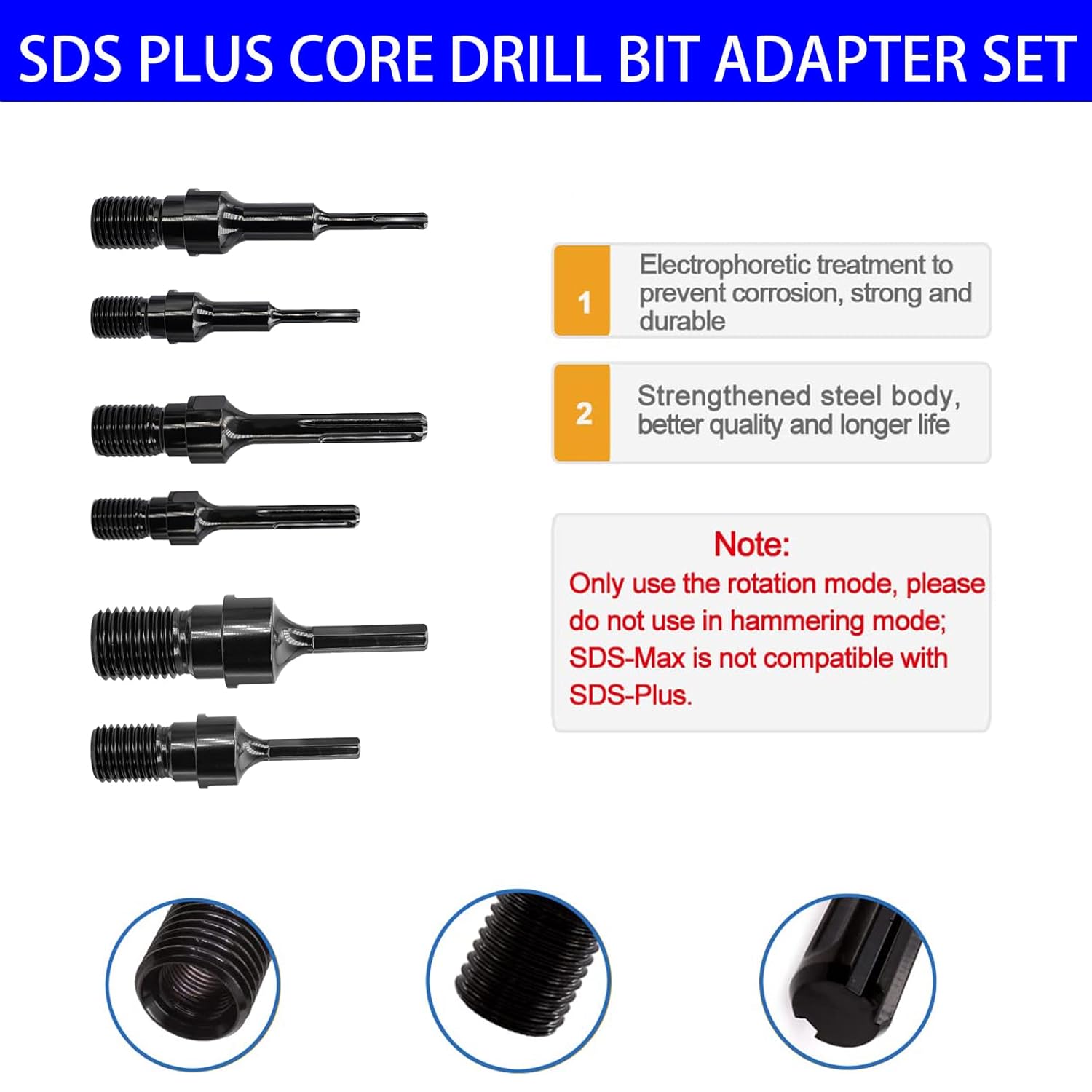 Converter for Concrete Core Bit, 1 Pcs 1-1/4"-7 UNC Male Thread to SDS Max Core Drill Bit Adapter, 1 Pcs 5/8"-11 Male Thread to SDS Max Shank Core Drill Bit Adapter