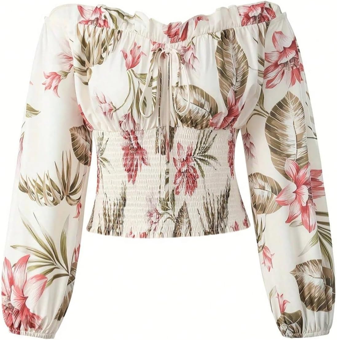 SOLY HUX Women's Floral Blouse Off The Shoulder Lantern Long Sleeve Smocked Boho Vacation Tops - Image 3