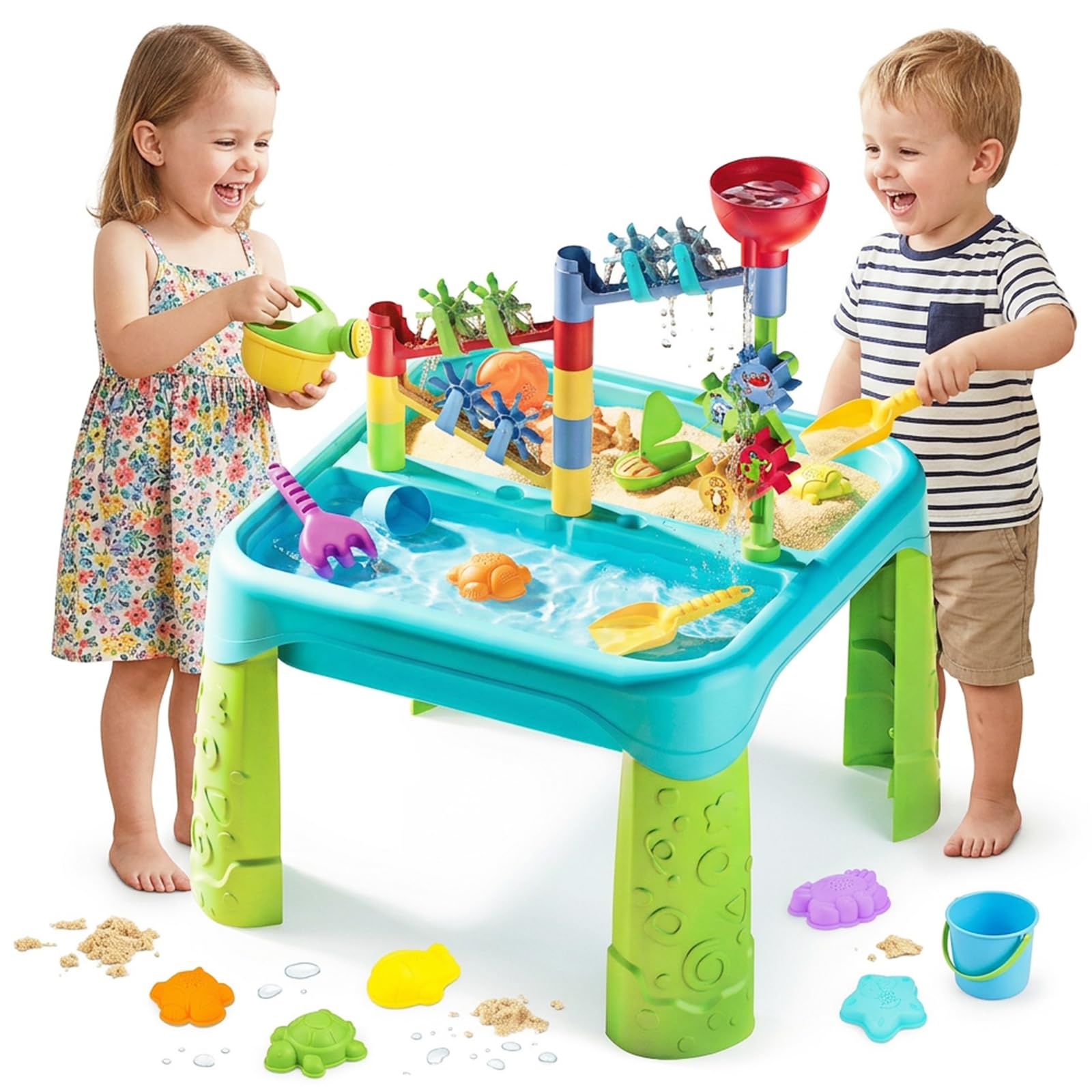 deAO Kids Sand and Water Play Table, Outdoor Activity Water Table for Toddlers, Water Play Table with Water Wheels, Funnel, Sand Moulds & Accessories, Sensory Summer Garden Toys for Boys Girls 3+