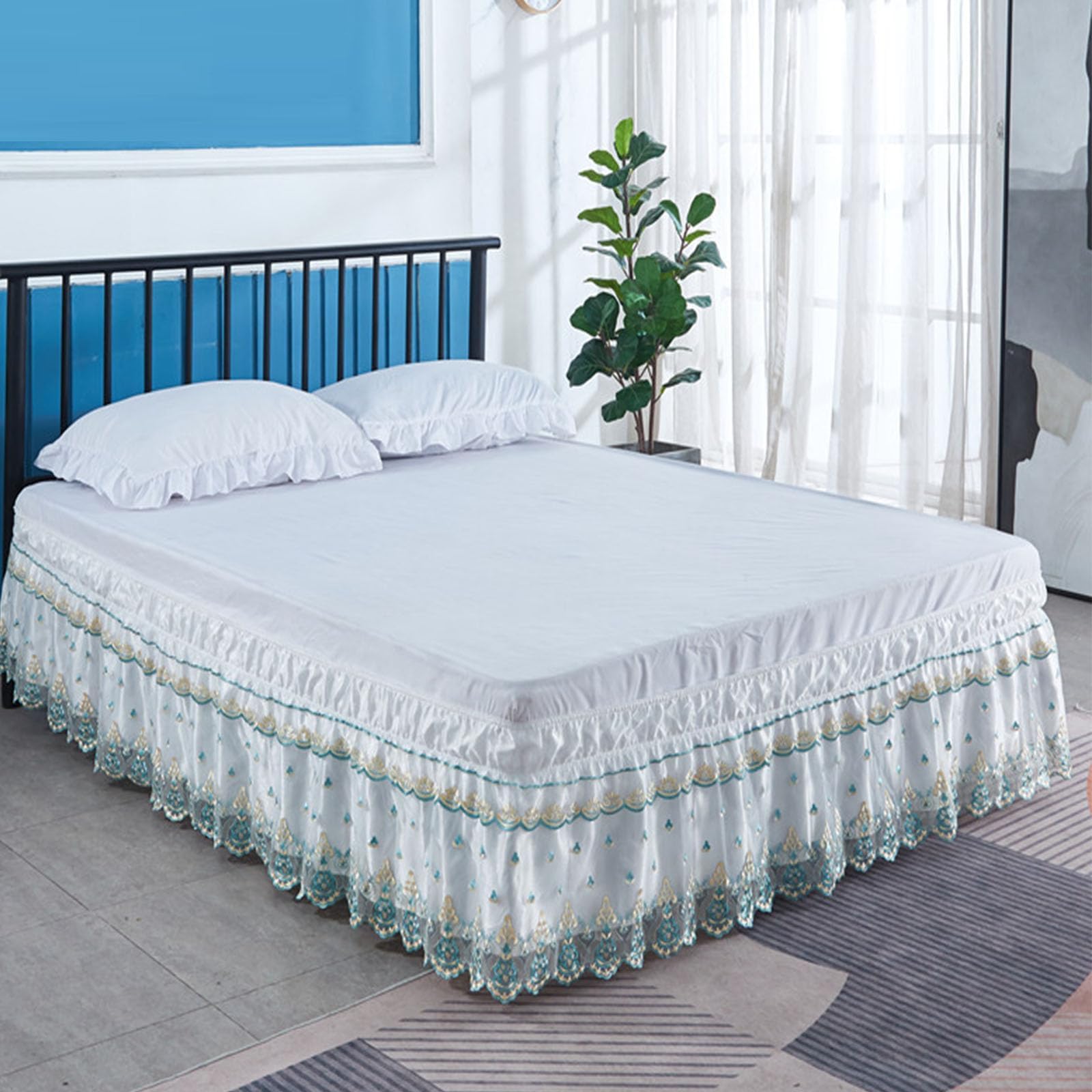 Surwin Pleated Bed Valance Sheet Single Double King, Vintage Lace Bed Base Wrap Extra Deep Frilled Fitted Valance Sheet Easy Care Bed Skirt Soft Microfibre Breathable (150x200x38cm,Green)