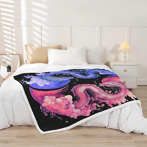 Miniatura 2 de Manfei Dragon Kids Throw Blanket Chinese Blue and Pink Dragon Fuzzy Blanket for Boys Girls Adults, Cartoon Animal Blanket for Bed Couch Sofa, Soft