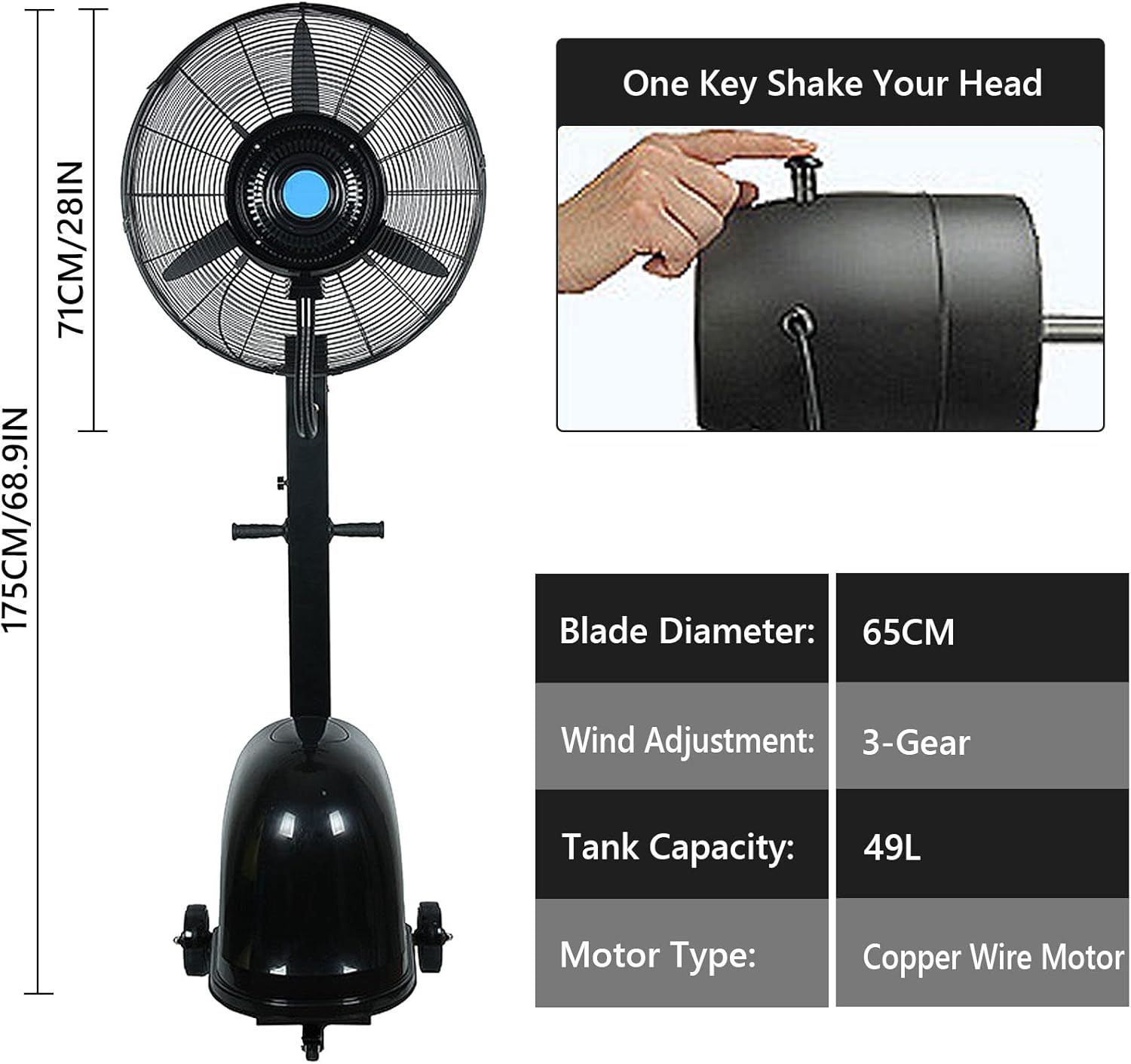 Outdoor Misting 90° Oscillating Pedestal Fan, 3 Speeds Waterproof Spray Cooling for Patio, Garden, Backyard, Garage, Barn, Workspace, Black,71cm/28in