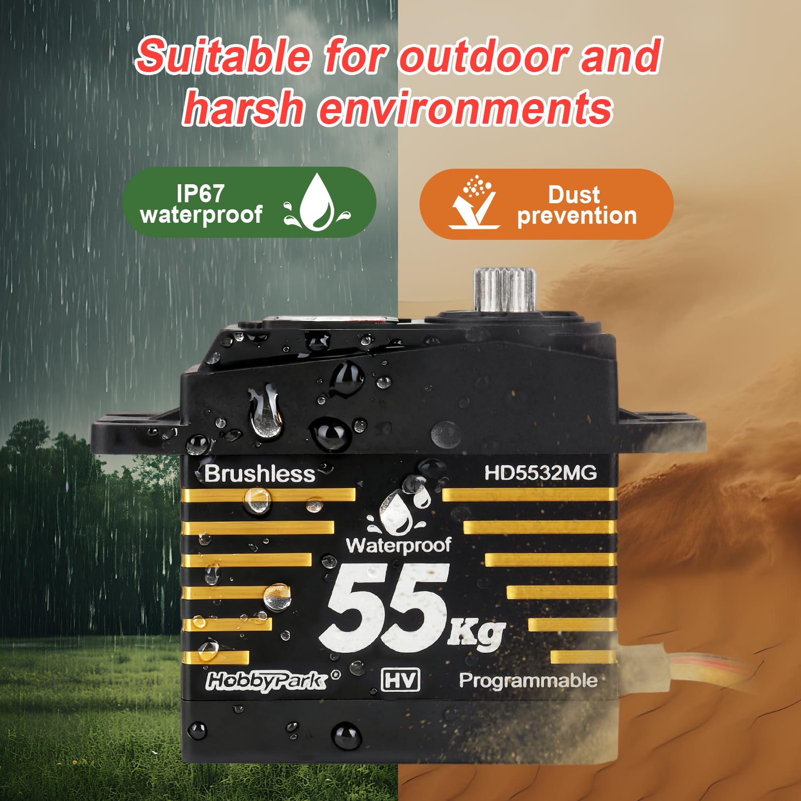 HobbyPark Servos étanches 55 kg Moteur sans balais à couple élevé Servo de direction RC Vitesse rapide Taille standard HV Engrenages métalliques en acier inoxydable pour 1/8 1/10 RC Crawler Voiture