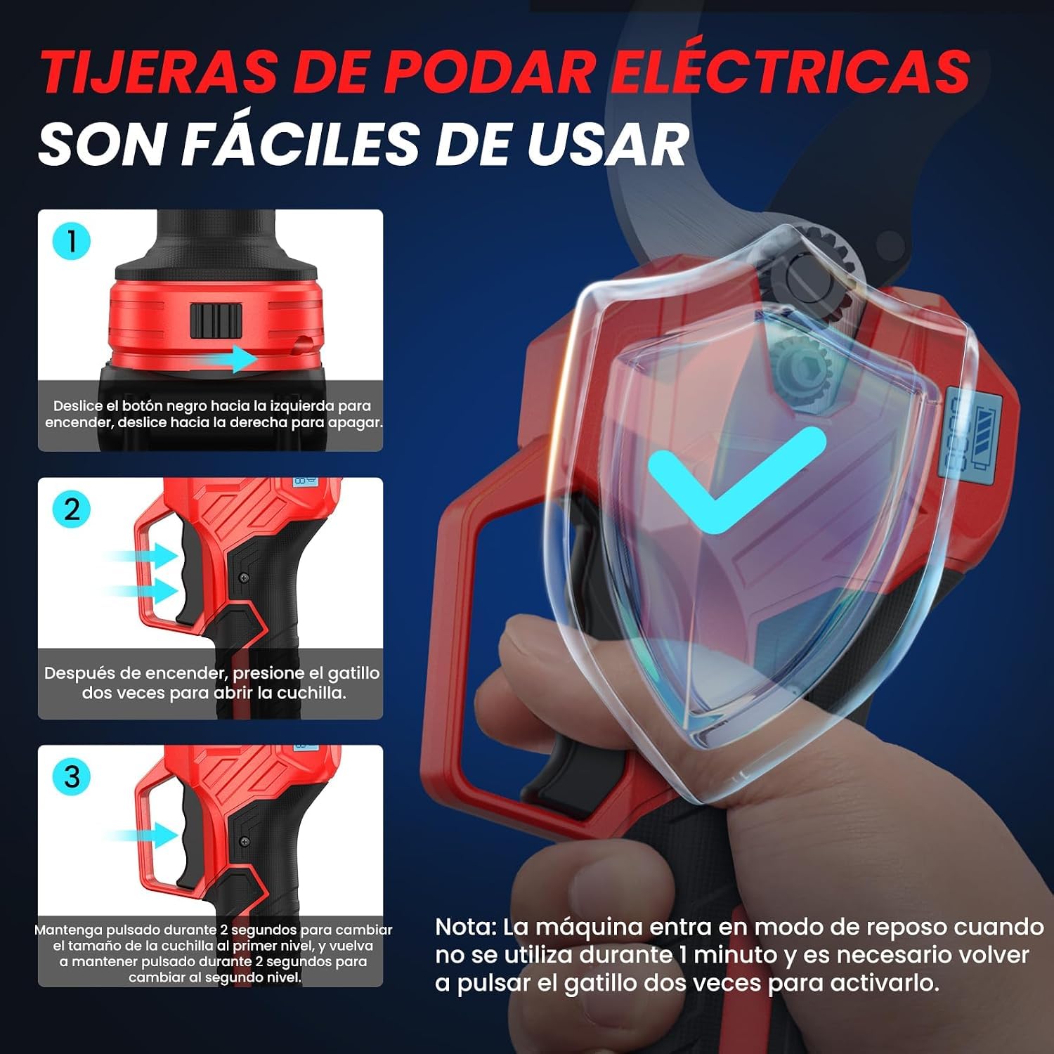Tijeras de Podar Eléctricas 50mm con 2x21V 2000mAh Baterías, Pantalla LCD | 1000W Motor Sin Escobillas, Pantalla LCD, 4 Modos, 2x 2,0 Ah, 3000 + Cortes,Suspensión Auto,Regalo Papá para Poda de árboles