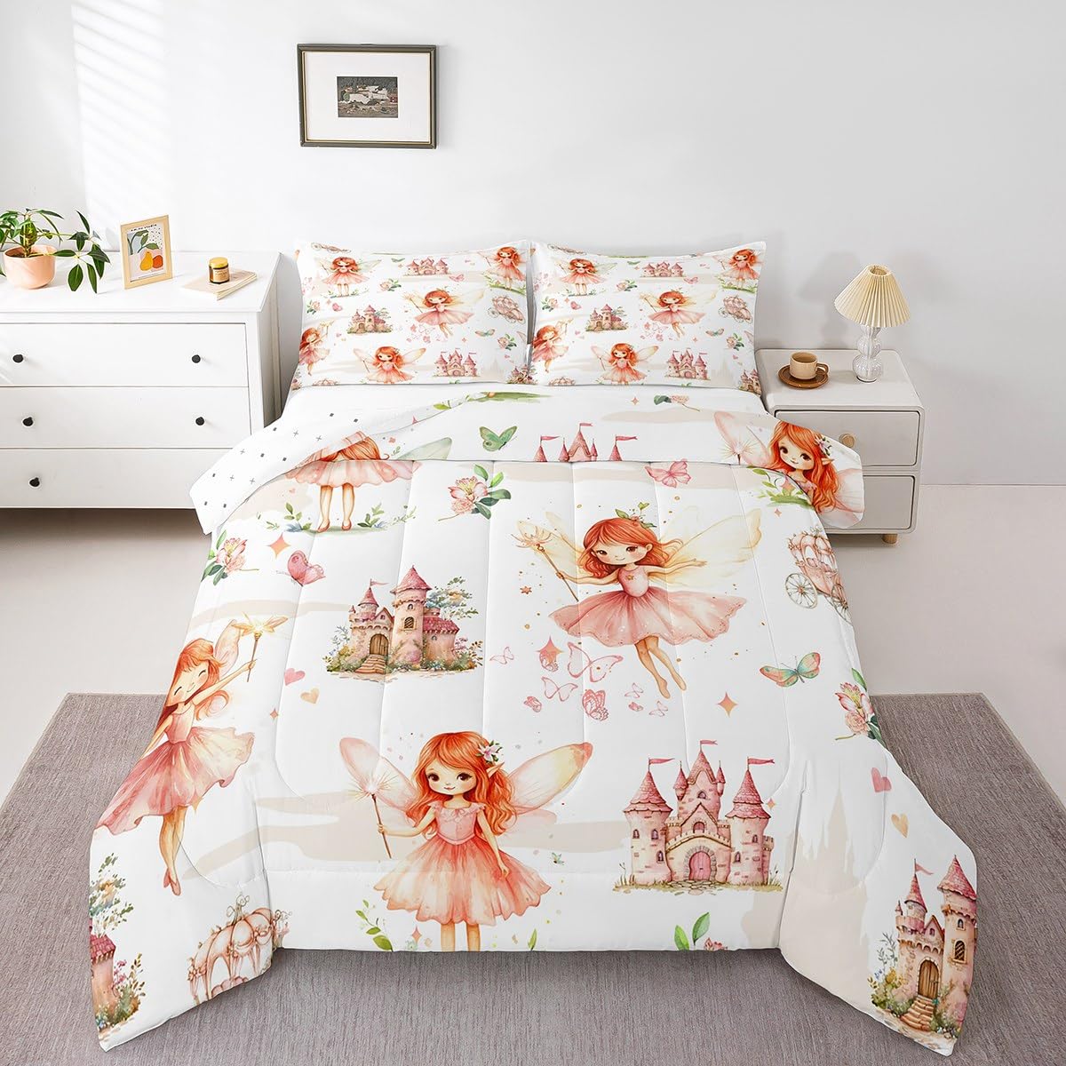 Princess Duvet Quilt Twin Size Girls Castle Flower Butterfly Bedding Set for Kids Boys Girls Decor Cute Pink Comforter Set Breathable Soft Lightweight Microfiber Kawaii Bedroom Decor Bedclothes