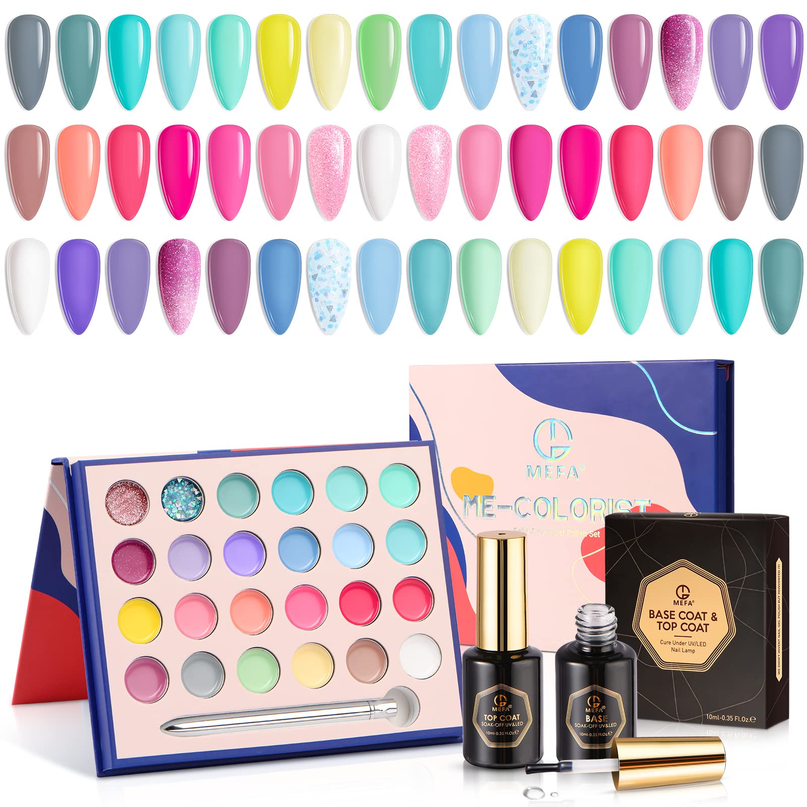 MEFA 24-in-1 Solid Gel Nail Polish Set - Cream Gel Polish Palette Pastel Pink Blue Green Cotton Candy Colors Nail Gel Kit with No Wipe Gel Top Coat and Base Coat Set Nail Art Brush for Nail Art Salon DIY Home