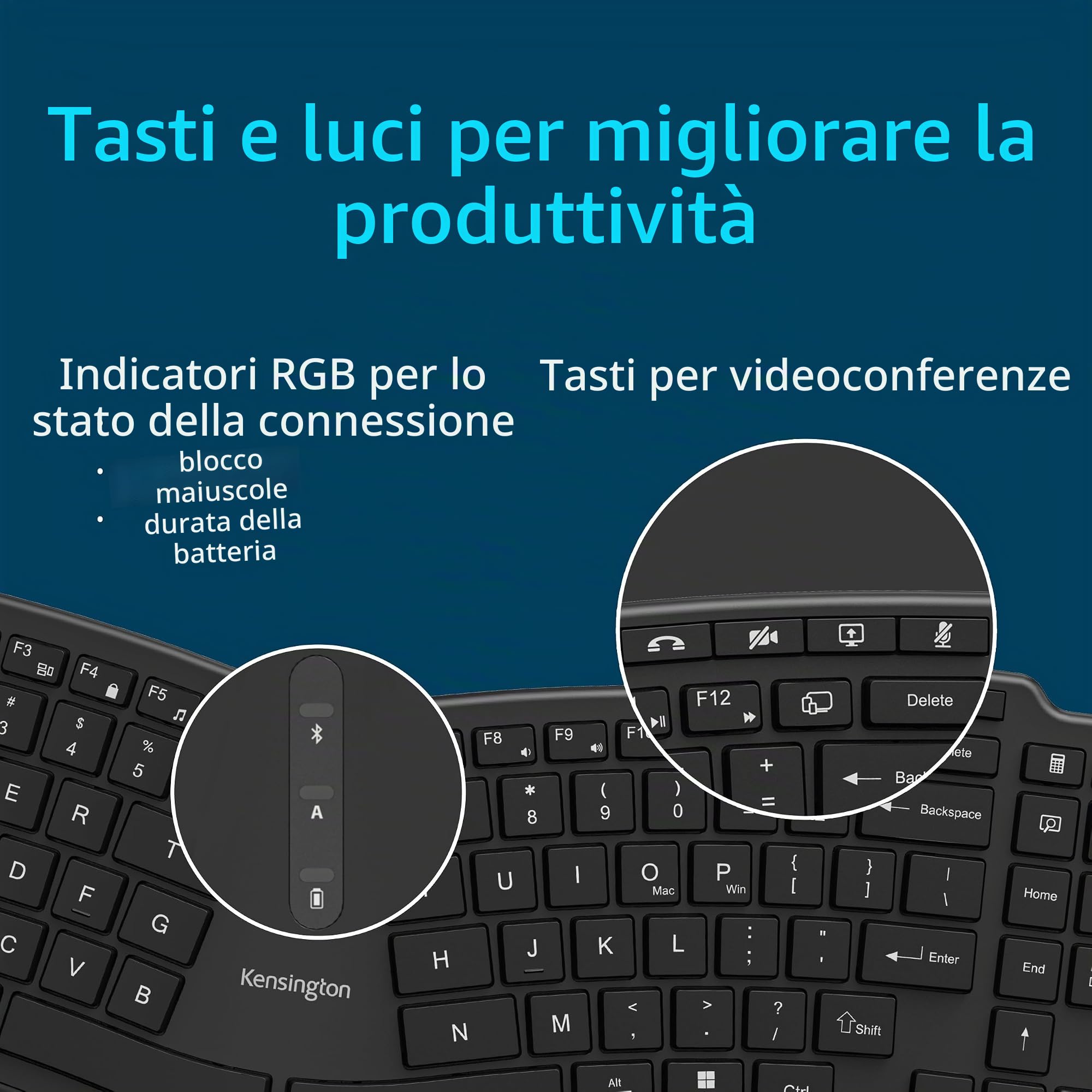 Kensington Pro Fit Ergo KB675 EQ, Tastiera Wireless TKL Ricaricabile QWERTY, 2.4GHz Bluetooth, Compatibile con Windows e macOS, Composta per il 43% da Materiale Riciclato Post-Consumo, K75491IT