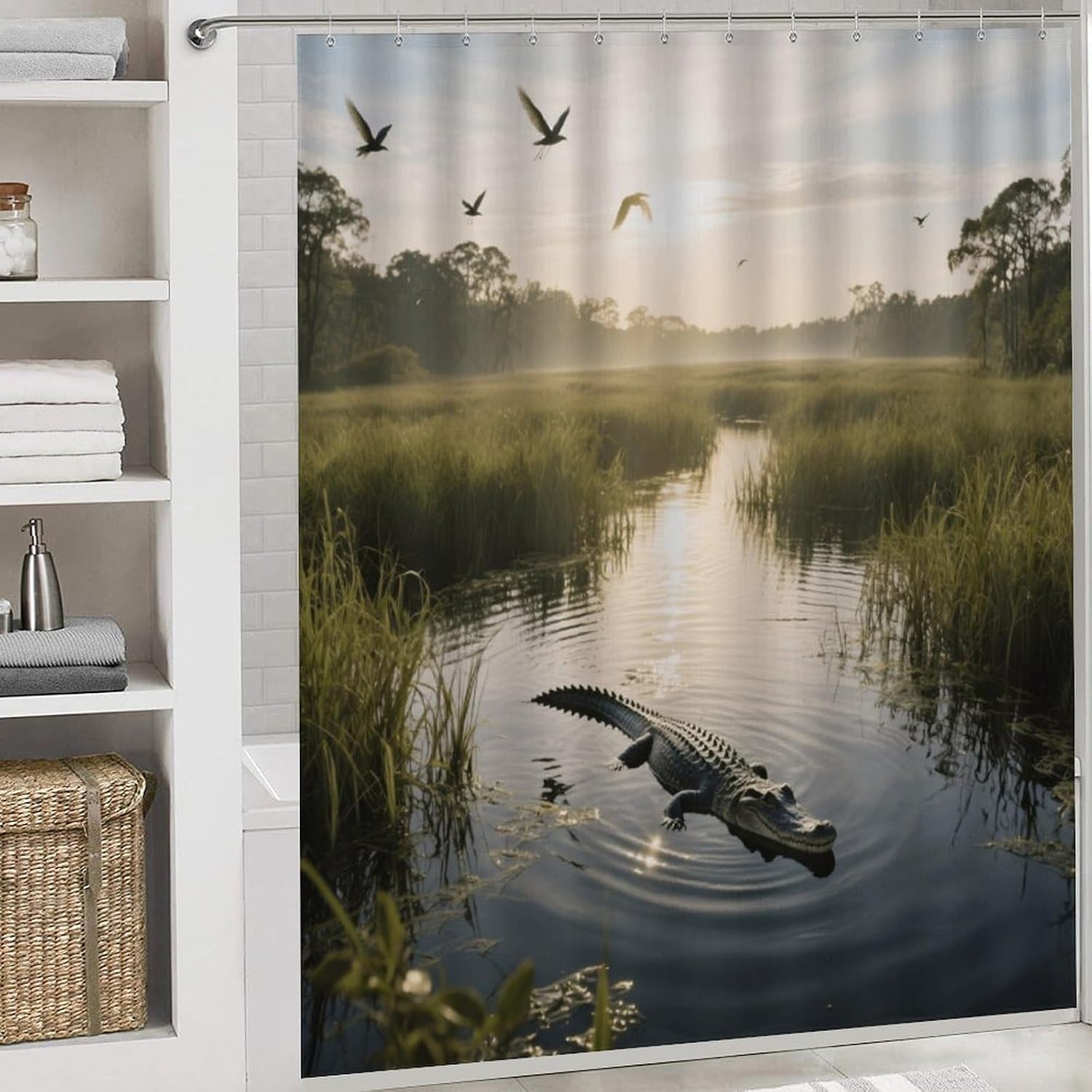 Everglades Bath Rug Set 4 Piece,Bathroom Accessories Set-Toilet Rugs U Shaped,Toilet Lid Cover,Shower Curtain and Rugs,Ultra Soft, Absorbent,Home Decor