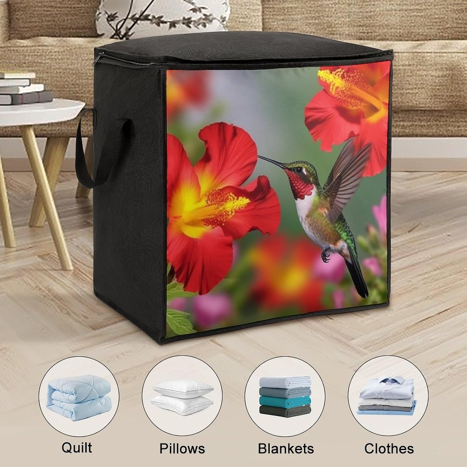 Quilt Storage Bag,Hummingbirds Red Flower Hibiscus Printed Large Foldable Storage Container Portable Travel Storage Bag for Blankets, Quilts, Clothes, Comforter, Bedding And Pillows