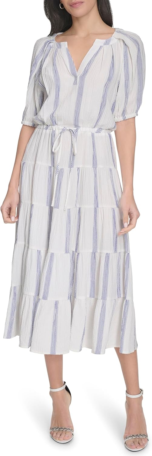 Calvin Klein Womens Short Balloon Sleeve Split Neck Tiered A-line Midi Dress