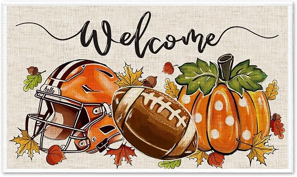 Fall Door Mat Outdoor Fall Decorative Rugs Welcome Pumpkin Doormat Beige Floor Mat for Front Door Home Kitchen Indoor Outdoor Decor, 15.7 x 27.6 InchFootball Welcome Mat