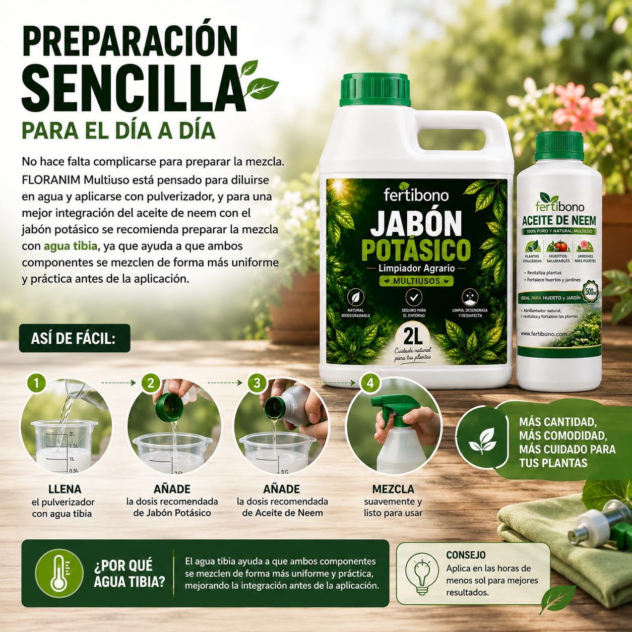 FERTIBONO FLORANIM Multiuso - Jabón Potásico 2L + Aceite de Neem 500 ml para Plantas, Huerto y Jardín - Pack Concentrado para Diluir en Agua y Pulverizar