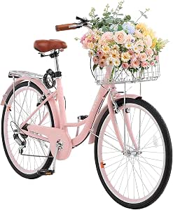 VEVOR Women's Beach Cruiser Bike, 24-Inch, 7-Speed, Pink