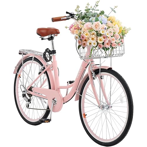 VEVOR Women Bike, 7-Speed and 1-Speed, 24-26 Inch Pink and Light Blue Beach Cruiser Bike, with Large Capacity Basket and Rear Rack, Adjustable Seat, Fits for Cycling, Exercise & Shopping
