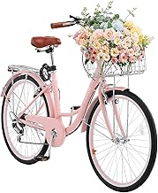 VEVOR Women Bike, 7-Speed and 1-Speed, 24-26 Inch Pink and Light Blue Beach Cruiser Bike, with Large Capacity Basket and Rear Rack, Adjustable Seat, Fits for Cycling, Exercise & Shopping