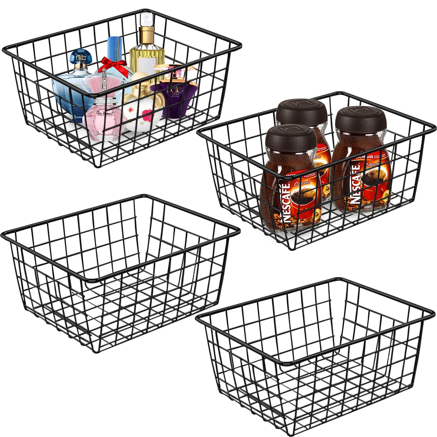 Paquete de 4 cestas de almacenamiento de alambre negro, cestas organizadoras de alambre con asas, cestas de metal para congelador, estantes de refrigerador, despensa, almacenamiento de baño, 28