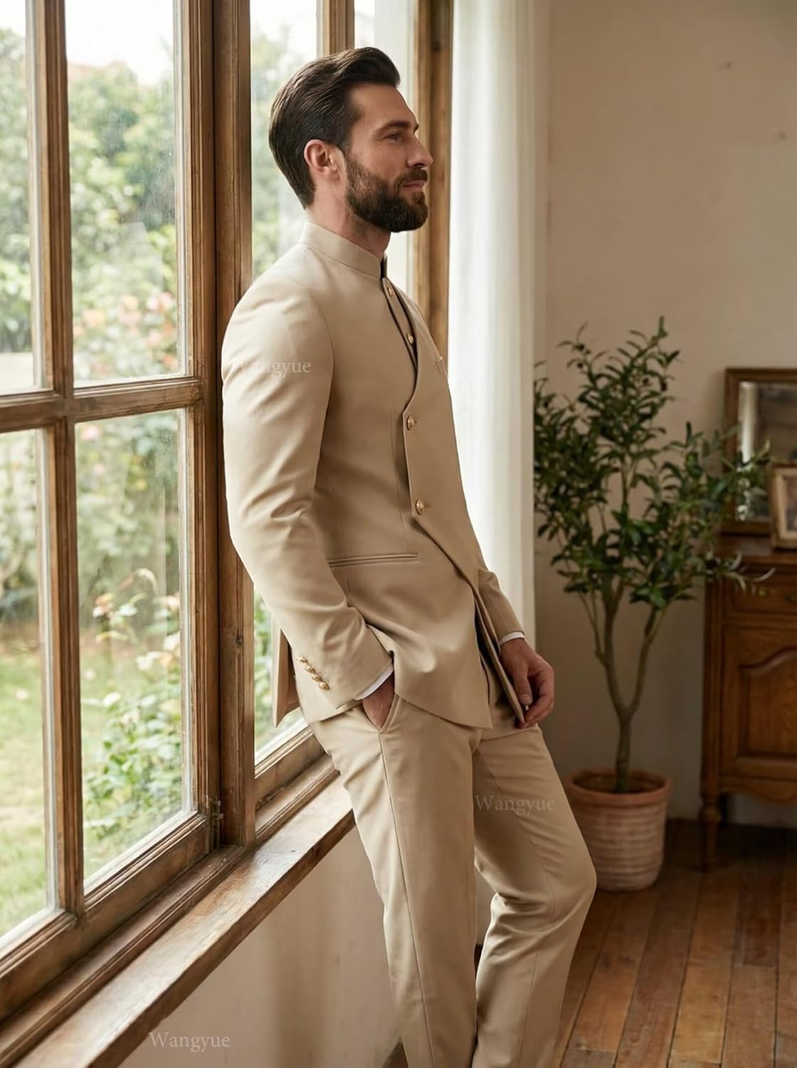 Wangyue Chinese Suit Men 2 Piece Slim Fit Safari Suits for Men Mandarin Collar Suit Chinese Tunic Suits Blazer Pants Set - Image 3