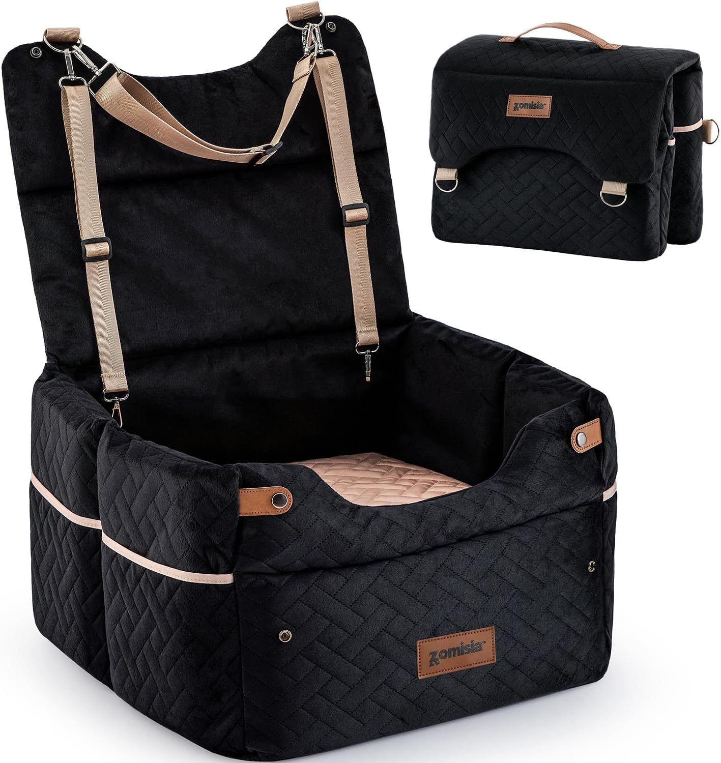 Elevated Dog Car Seat for Medium Dogs, 3 Adjustable Heights with 2 Egg Crate Foam Boosters 4"+2", Dual-Sided Cooling&Plush Waterproof Cover, 2 Safety Leashes & Buckles, Black