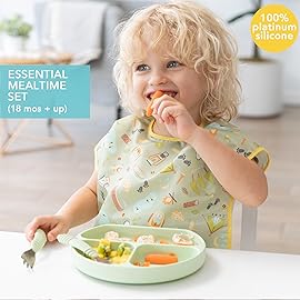 Bumkins - Silicone Grip Dish 3-Section, Fork & Spoon & Lid - For Ages 18 Months+ - Suction Base - 100% Food-Safe Silicone - Oven, Microwave, Freezer, & Dishwasher Safe - Green