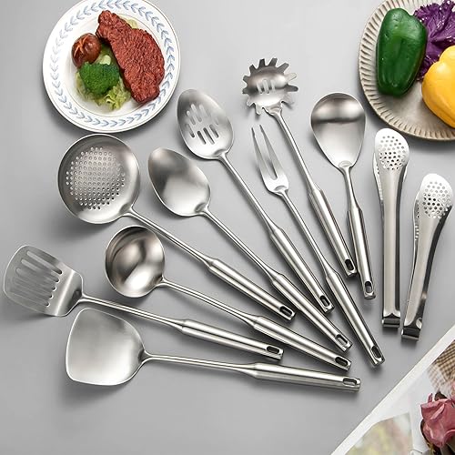 Miniatura 7 de Juego de utensilios de cocina de acero inoxidable 304, 11 piezas de utensilios de cocina de metal largo con espátula, cucharón, cucharón, cucharón,