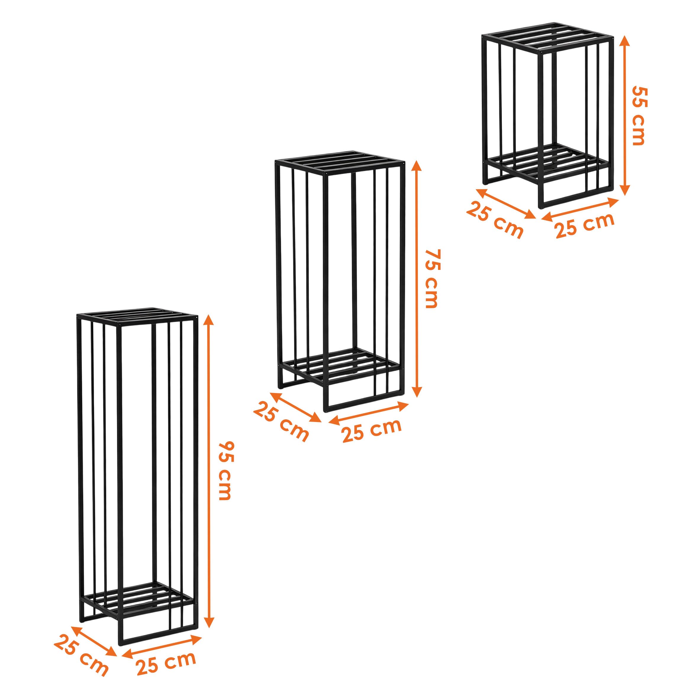 Metalowy stojak na kwiaty, zestaw 3 szt., czarny – metalowy stojak na rośliny, prostokątny, 55 – 75 – 95 cm, nowoczesny taboret na kwiaty, malowany proszkowo, wytrzymały i łatwy w pielęgnacji