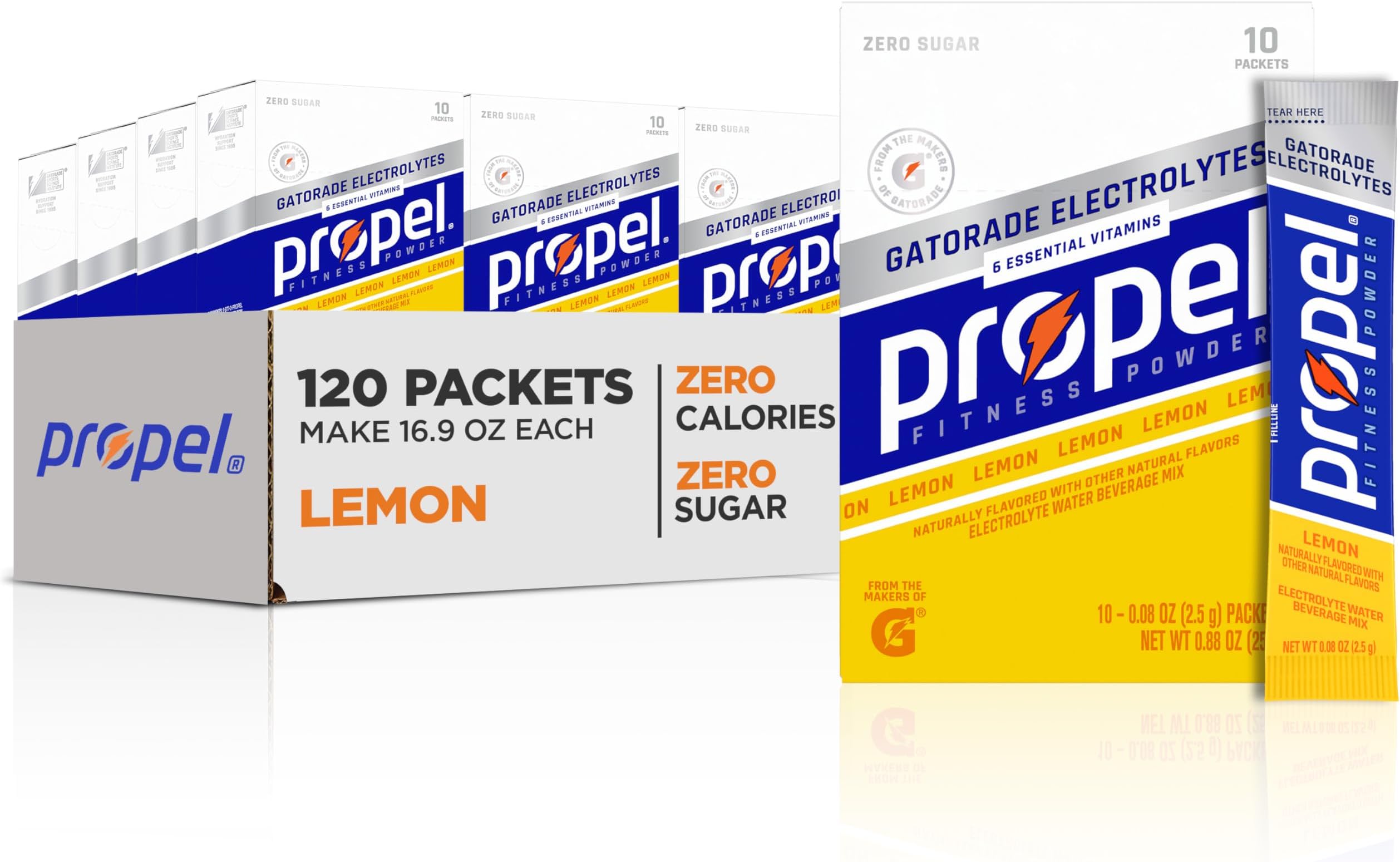 Propel Electrolyte Enhanced Water Drink Mix Powder Packets, Lemon, Zero Calorie & Zero Sugar Hydration with Electrolytes and Vitamins C & E (120 Packets)