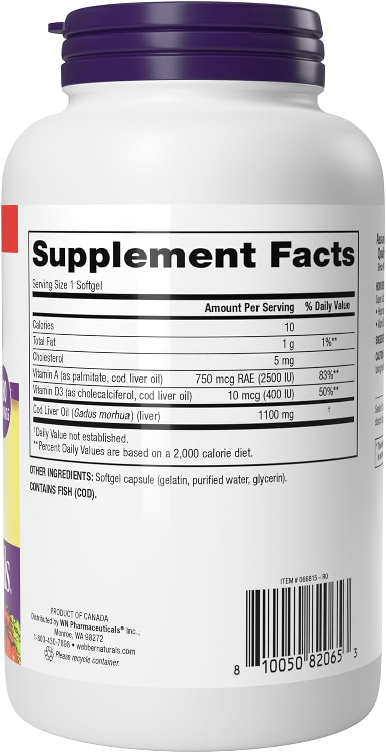 Webber Naturals Super Cod Liver Oil with Vitamin A and D3, 1100 mg Cod Liver Oil per Softgel, 180 Softgels, Value Size, Dairy, Gluten and Shellfish Free, Immune Support - Image 7