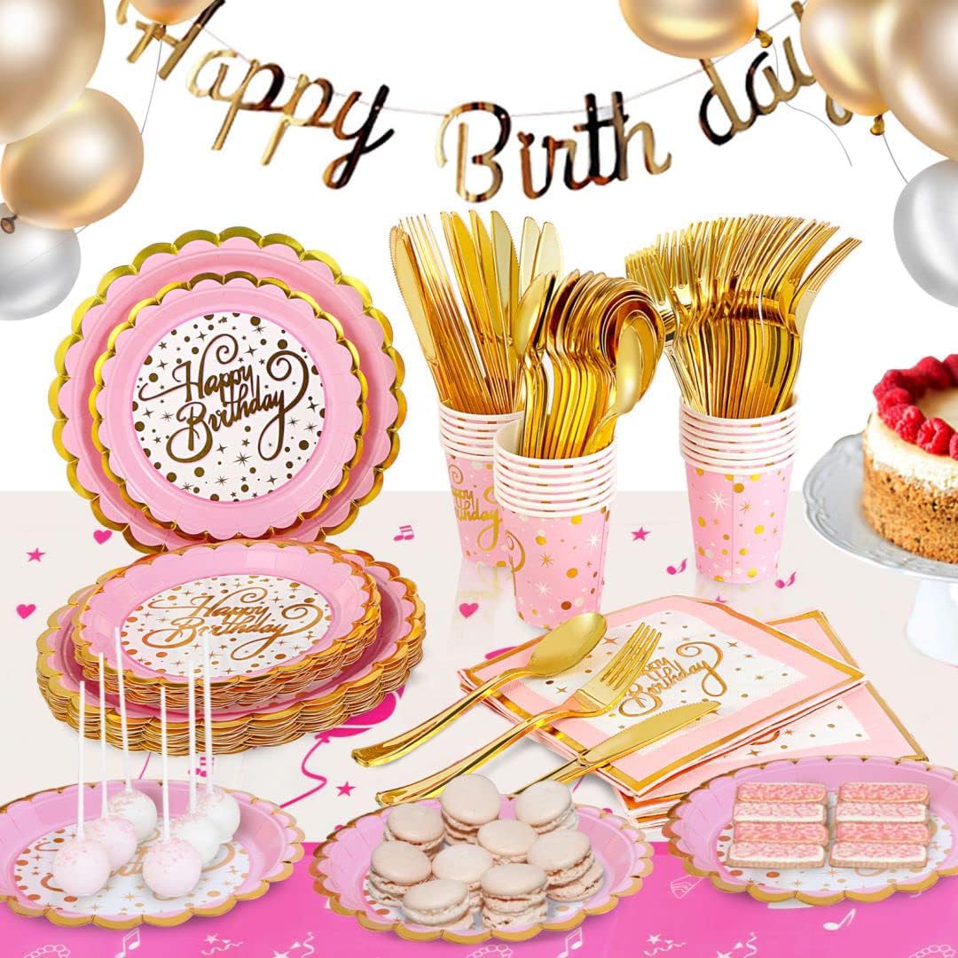 Pink and Gold Disposable Party Dinnerware Set, 20 Guest -141PCS with Paper Plates, Napkins, 9oz Cups, Plastic Silverware( Forks, Knives, Spoon), and Tablecloths, Party Supplies for Birthday Decoration : Home & Kitchen
