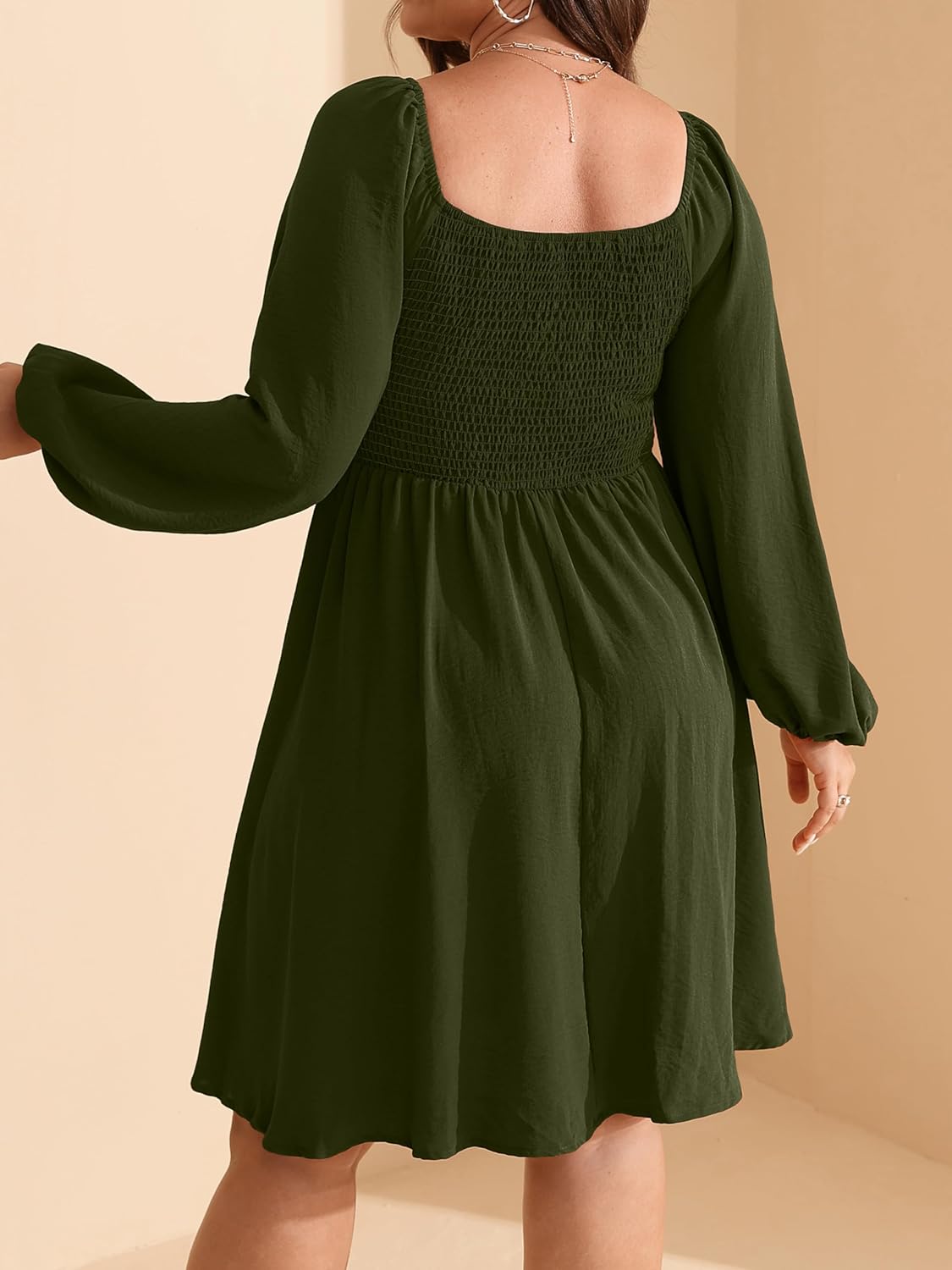 RWJ Womens Long Sleeve Mini Dress 2025 Fall Elegant Square Neck A Line Ruched Smocked Wedding Guest Party Plus Size Dresses - Image 7