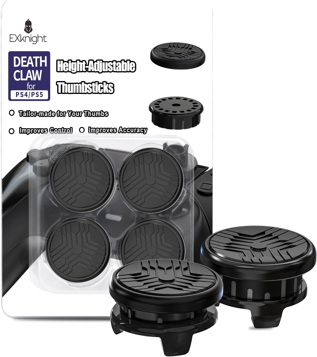 EXknight Deathclaw Pro Height Adjustable Thumbsticks for PS4 and PS5 Controller | 1 Mid-Rise(2 Heights:6.5MM~7.5MM), 1 High-Rise(4 Heights:8.5~11.5MM)