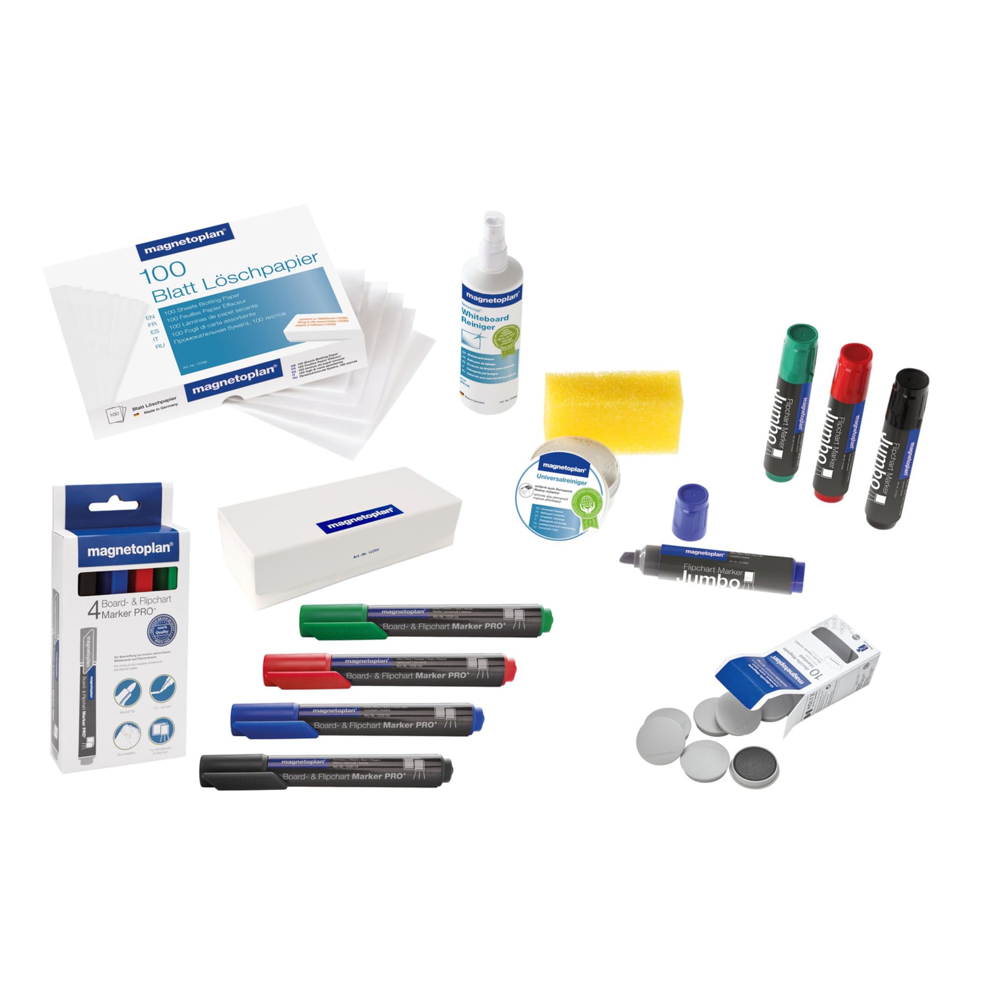 magnetoplan Whiteboard Zubehör-Set, Large | Praktisches Komplett-Set für Büro, Schule + Zuhause | Inkl. Whiteboard Marker, Universalreiniger, Spraydose Reiniger, Tafellöscher und Magnete