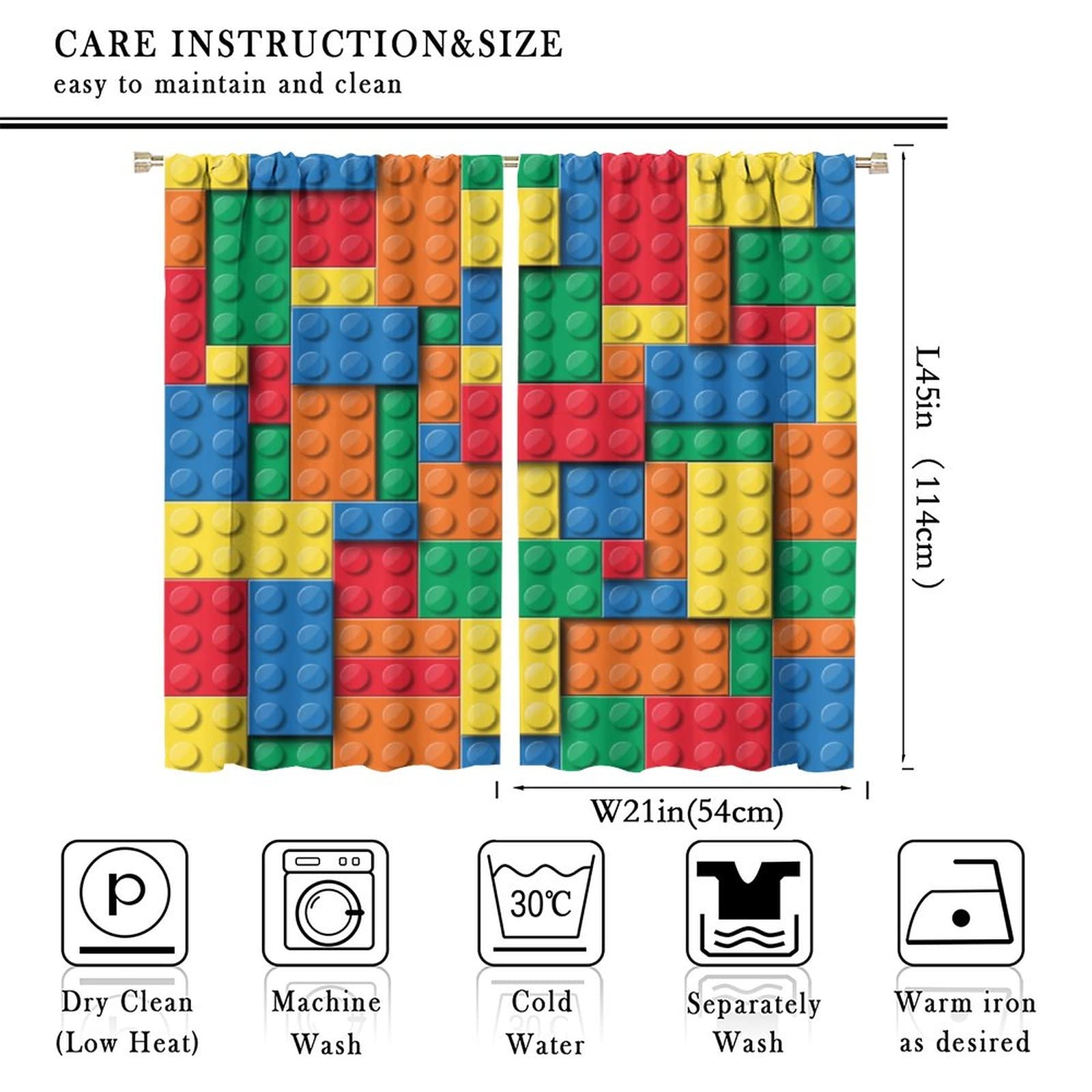 Colorful Toy Curtains for Kids Bedroom,3D Design Building Brick Blocks Printed Window Treatments for Boys Girls Room Living Room Study Nursery Drapes 2 Panels Set,Total Size 42 x 45 Inch