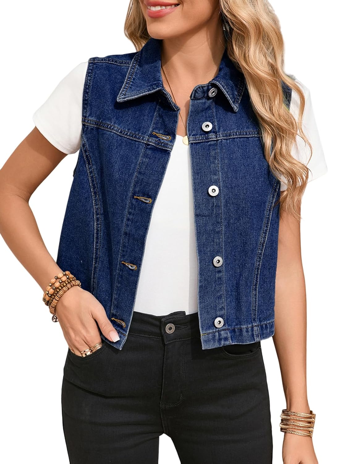 Sidefeel Womens Denim Vest Sleeveless Collared Crop Jean Vest Top Button Down Waistcoat