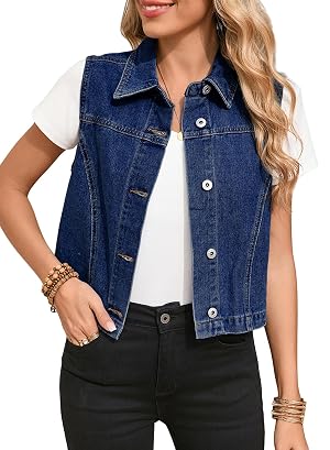 Sidefeel Womens Denim Vest Sleeveless Collared Crop Jean Vest Top Button Down Waistcoat