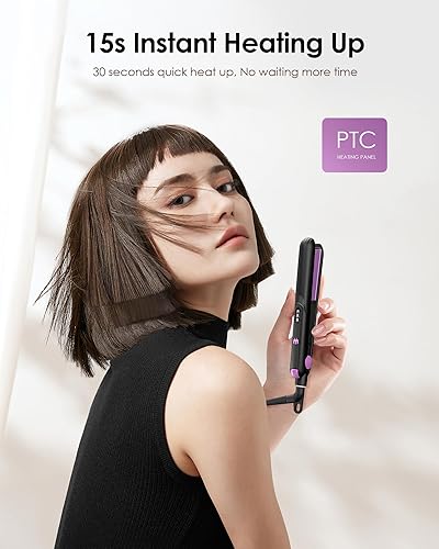 Miniatura 4 de Mini plancha plana de cerámica de 0.7 pulgadas, alisadora de pelo para cabello corto, rizos, flequillo, temperatura ajustable, doble voltaje