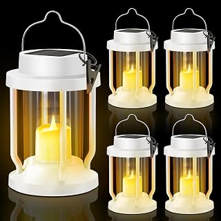 Solar Lantern Outdoor & Indoor Use – Hanging Solar Lights with Realistic Flickering Flameless Candle, Weatherproof for Gardens, Patios, Trees, and Lawns (White, 4 Pack)